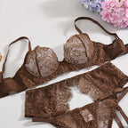 Elegant Lingeries Sexy Hot Exclusive Coffee Bra Belt Thong 3PC with Leg Circles Cute Intimate Lace Tempted Tipsy Set