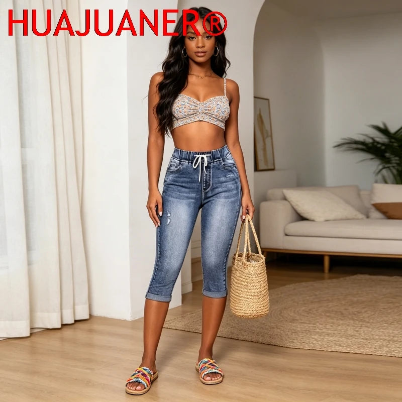 Hole Jeans Women Calf Length Pants Denim Fit High Waist Drawstring Pockets Vintage Pencil Trousers 2026 Streetwear Denims