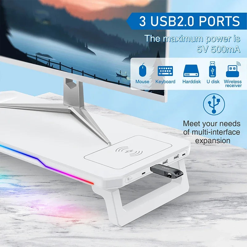 RGB Light Effect Rechargeable Desktop Monitor Height Stand 3 USB 2.0 Port Universal Laptop Storage Rack With Wireless Charging