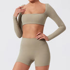 Hearuisavy Summer Quick Dry Square Neck Activewear Women Gym Top Fitness Sports Crop Top Female Casual Long Sleeve Yoga Clothes