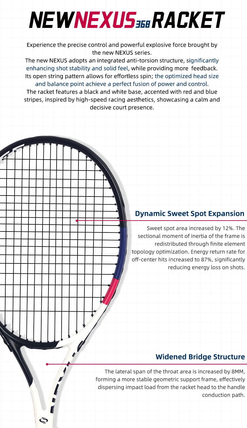 NEXUS Carbon Tennis Racket, Speed Aesthetic Design, Wide Stable Triangle Frame, Low Wind Resistance & High Control Power