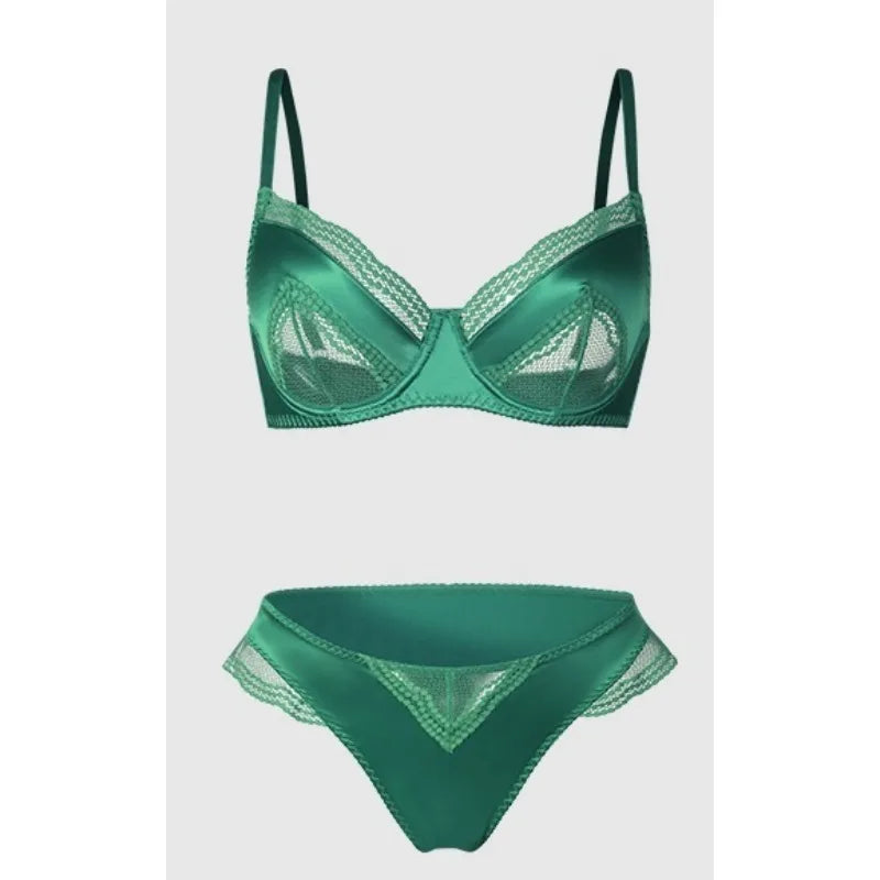 Sexy French Satin Lace Lingerie Set for Large Bust Ladies, Sheer Slim Chest, Summer Ultra-thin Small-cup Support Bra Set, S-XL