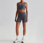 Buttery Soft Nylon Yoga Set Crisscross Back Sports Bra High Waist Biker Shorts 2 Piece Gym Set Workout Outfit Women Activewear