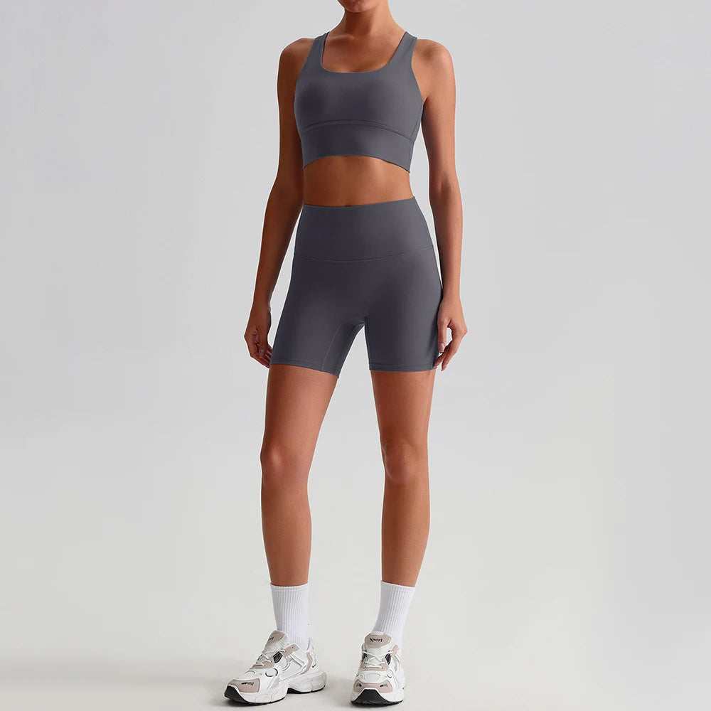 Buttery Soft Nylon Yoga Set Crisscross Back Sports Bra High Waist Biker Shorts 2 Piece Gym Set Workout Outfit Women Activewear