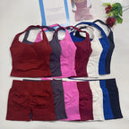 yoga outfits Women 2 pcs Sports DFNNYE Impact Set halterneck Backless Halter Top Seamless Scrunch Shorts Gym Workout Sports Suit