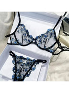 YUQI French Luxury Lingerie Set - Sexy Floral Embroidery Black Bra & Panty Set, Sheer Transparent Seductive Women's Intimates