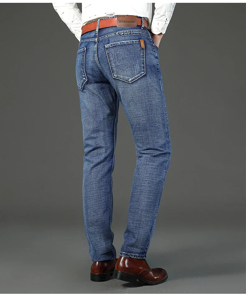 2024  Straight Regular Blue Stretch Denim Trousers Spring Autumn Men Classic Jeans Business Fashion Men's Smart Jeans