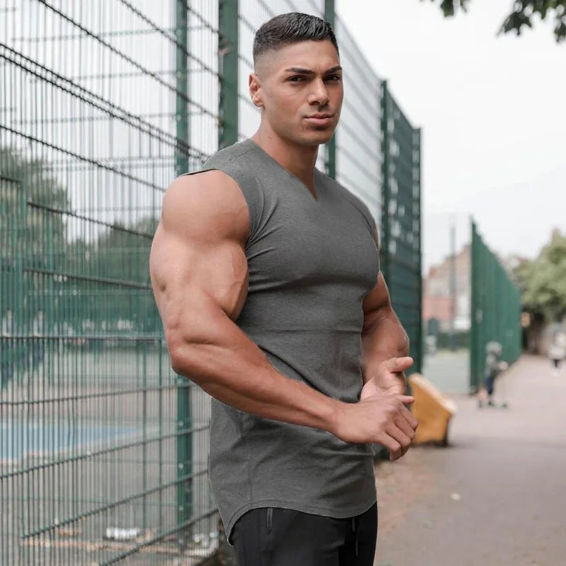 Summer Cotton Breathable V-neck Tank Tops Gym Workout Running Sport Sleeveless Shirt Mens Fitness Bodybuilding Muscle Clothing