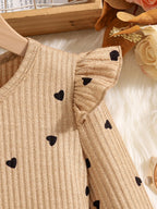 2-Piece Set for Girls in Spring and Autumn: Fashionable and Elegant Dress Set for Young Girls, Featuring a Round Neck, Ribbed Lace, Flutter Sleeves, Heart and Polka Dot Print Long-Sleeve Top + Black Skirt with Bow and Button