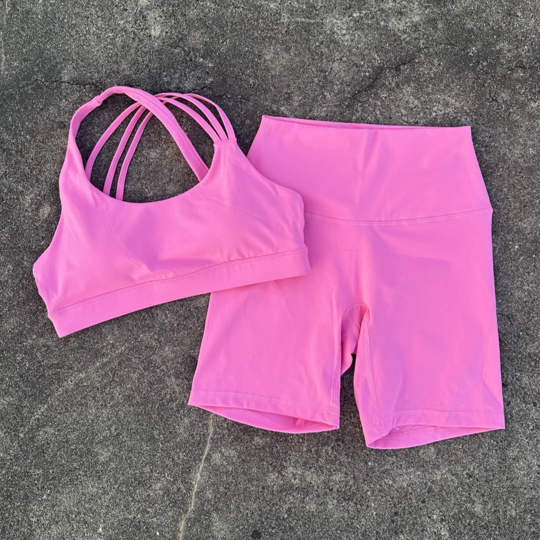 Solid Color High Waist Gym Yoga Short Legging Set Tight Women Cross Back High Impact Shoulder Strap Fitness Bra Top Sportwear
