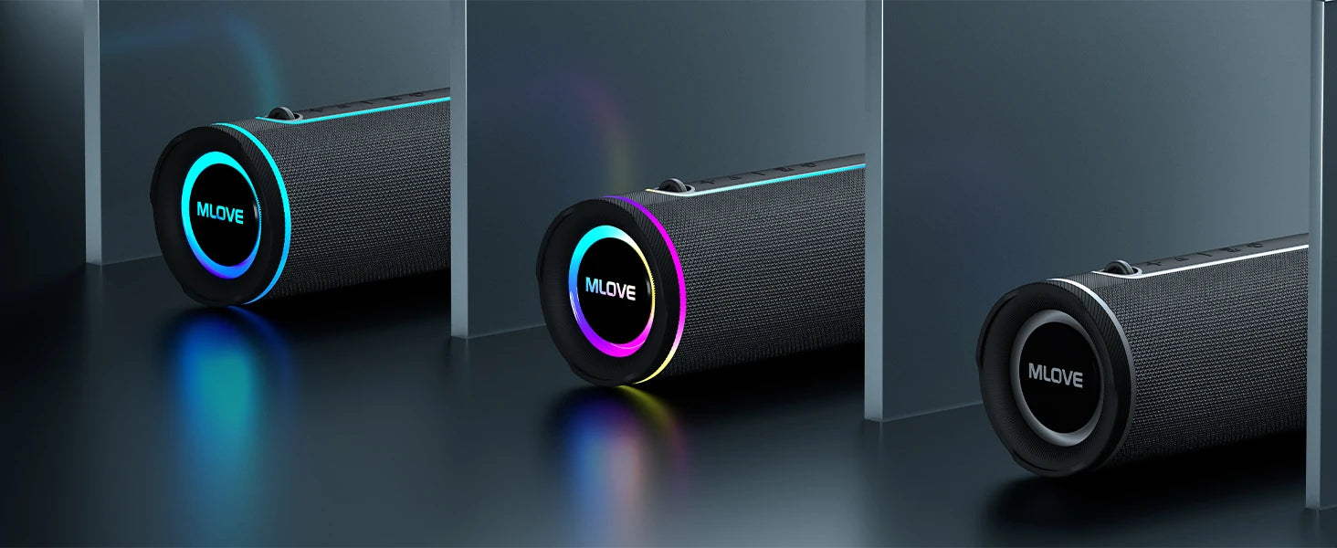 MLOVE E80 Portable Bluetooth Speaker – Powerful Dual Sound, Colorful RGB Lighting, Fully Waterproof (IPX7), TWS Enabled