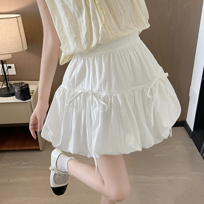 Sweet Bow Pleated Fluffy Skirts for Women Summer Korean Style Elastic Waist Lantern Skirt Woman Loose White A-Line Short Skirts Main image