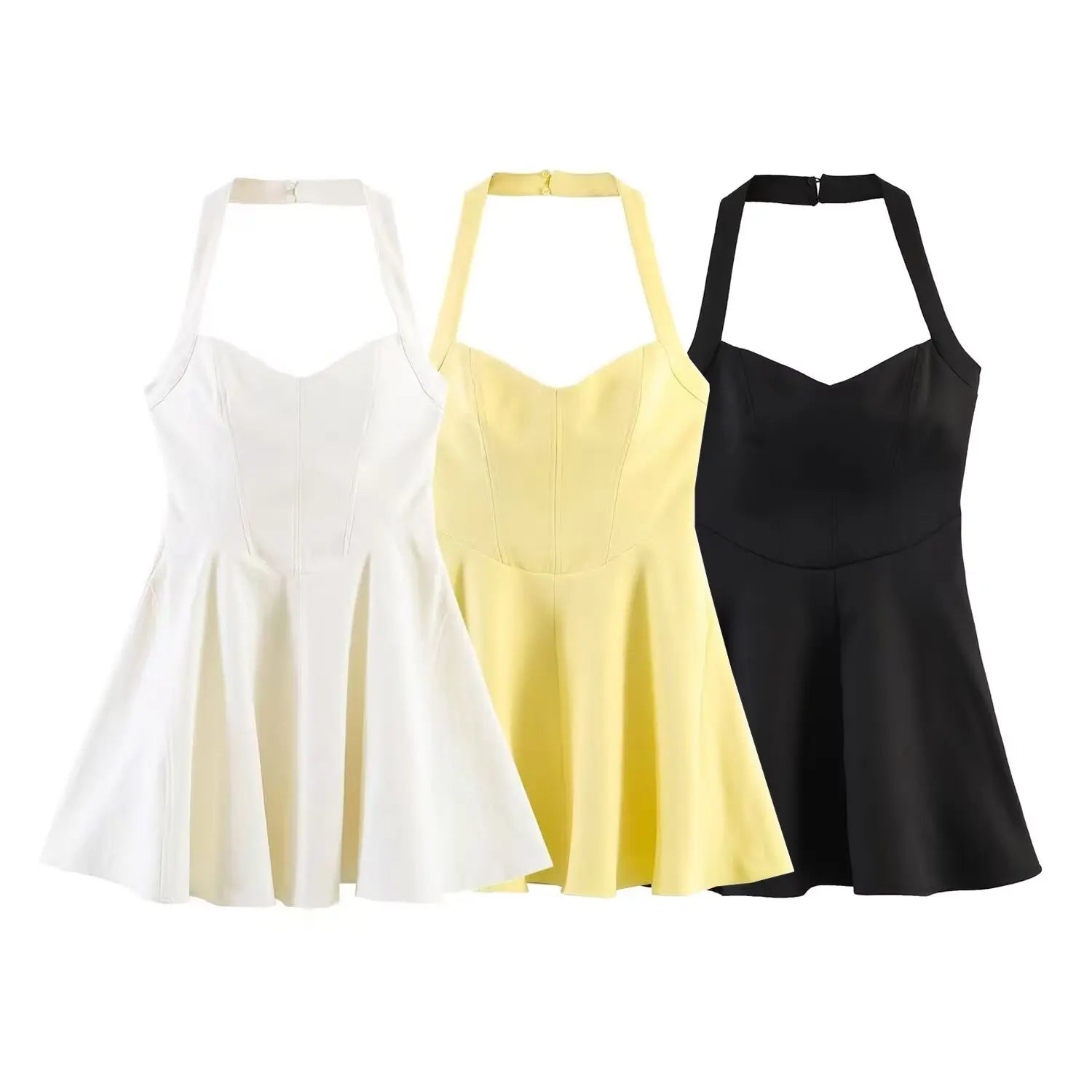 HH Summer Elegant Halter Neck Pleated Solid Elegant Short Dress For Woman Sexy Backless Sleeveless Party Mini Dress Mujer