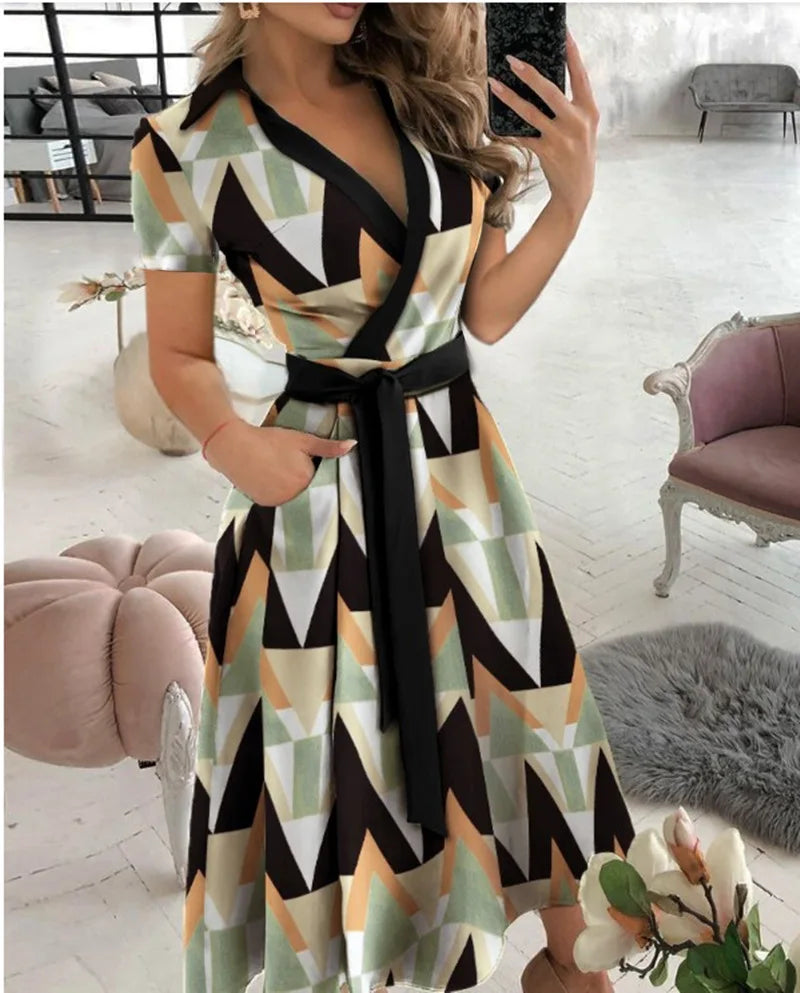 Rainbow Striped Print Summer Dress 2023 Women Button Up Short Sleeve Casual Vintage Shirt Long Dress Ladies Elegant Maxi Dresses Main image