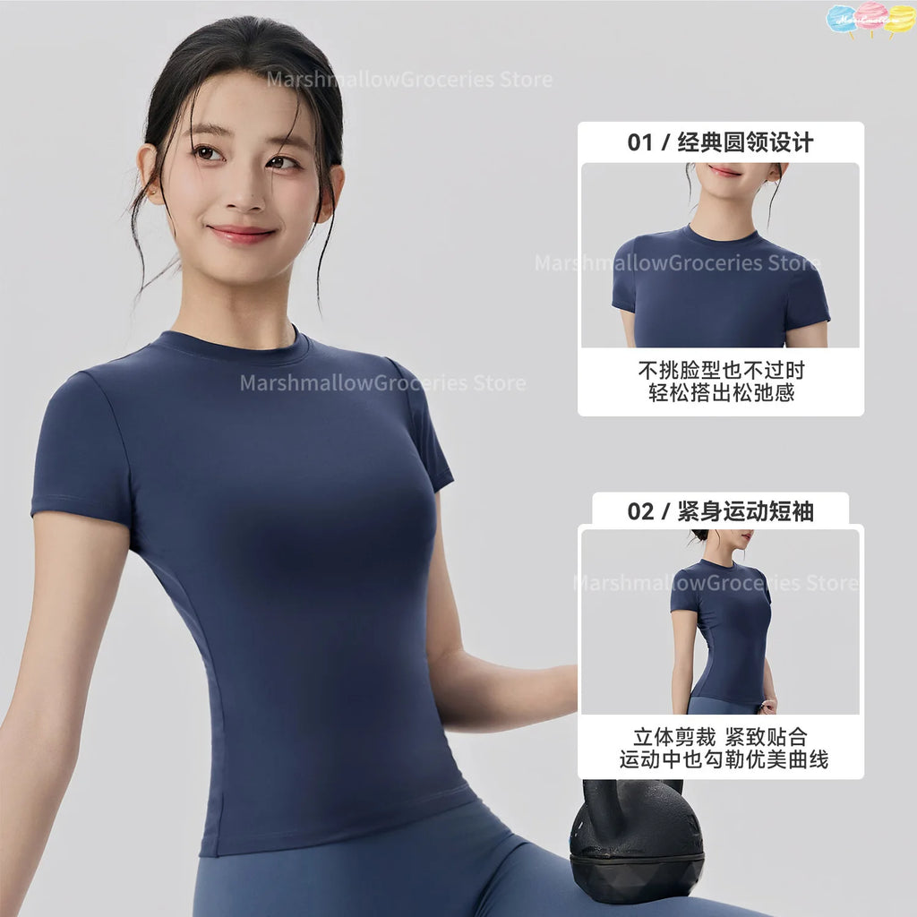 Spring and Summer Yoga Wear Short-sleeved Nude Tight-fitting Fitness Wear for Women Outdoor Running Training Sports T-shirt
