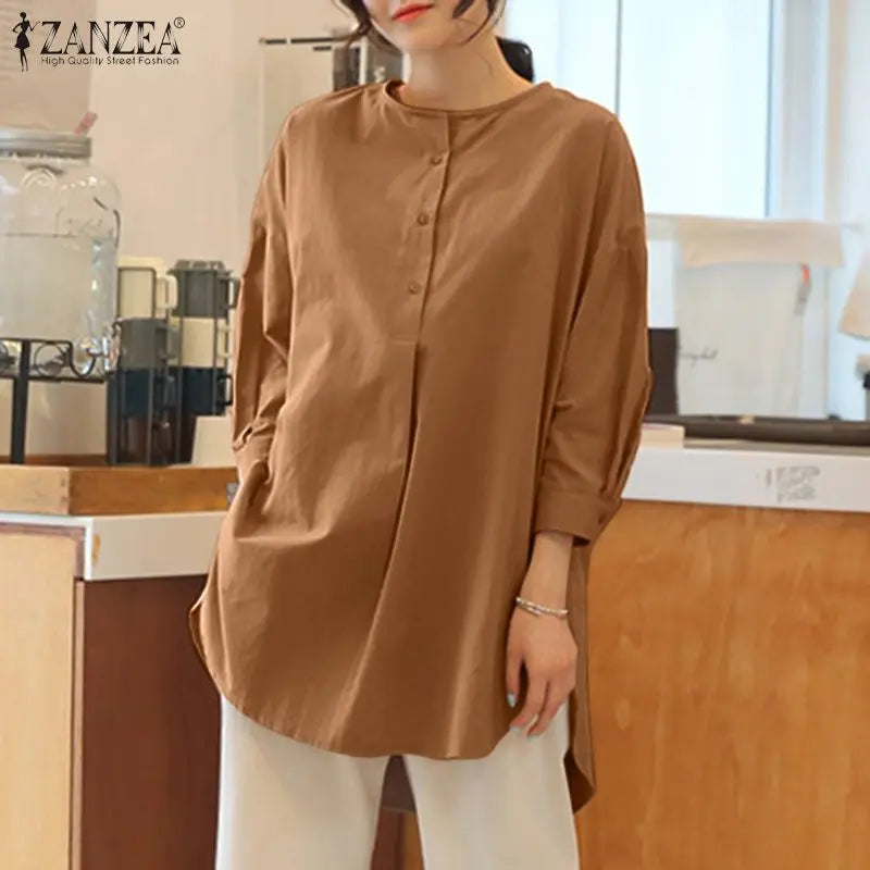 ZANZEA Fashion Autumn Long Sleeve Blouse Women Baggy Shirt Elegant Solid OL Work Tops Causal Loose Holiday Work Blusas Mujer