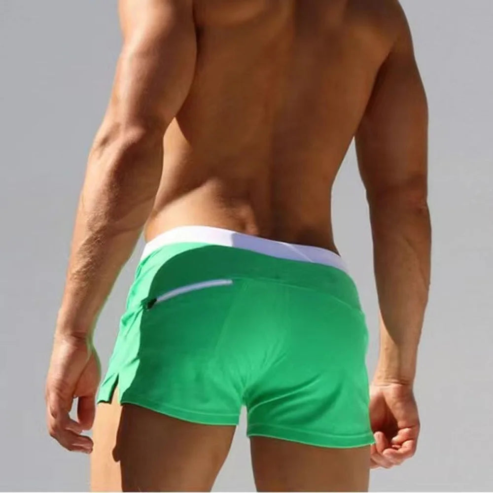 2025 Solid Color Low-Rise Men's Swim Trunks | Zip-Fly with Drawstring & Back Zipper Pocket for Secure & Discreet Wear