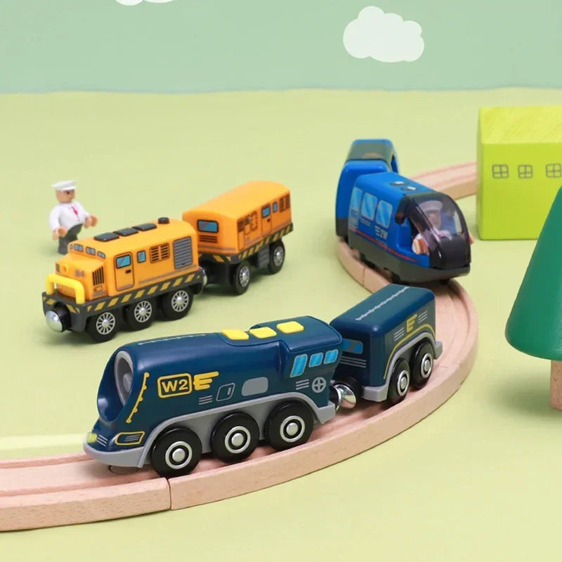 Kids Electric Train Set Compatible with Wooden Tracks Magnetic Connectors Diecast Metal Auto-Go Train Toy for Ages 3+ Boys Girls