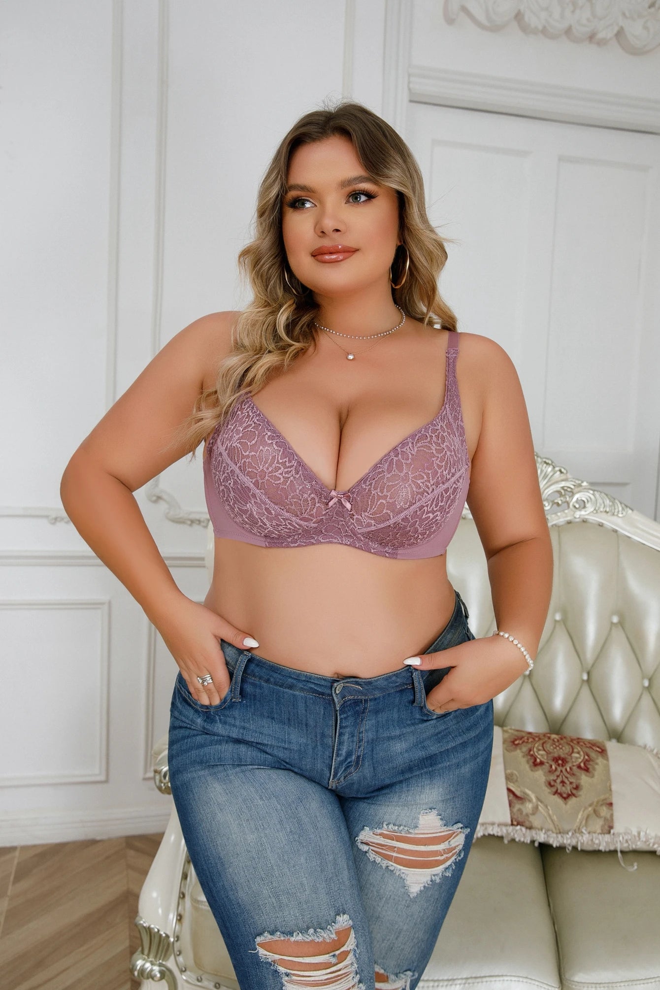 Beauwear Floral Lace Bras for Women Plus Size Bra Thin Unlined Underwear Comfort Lingerie