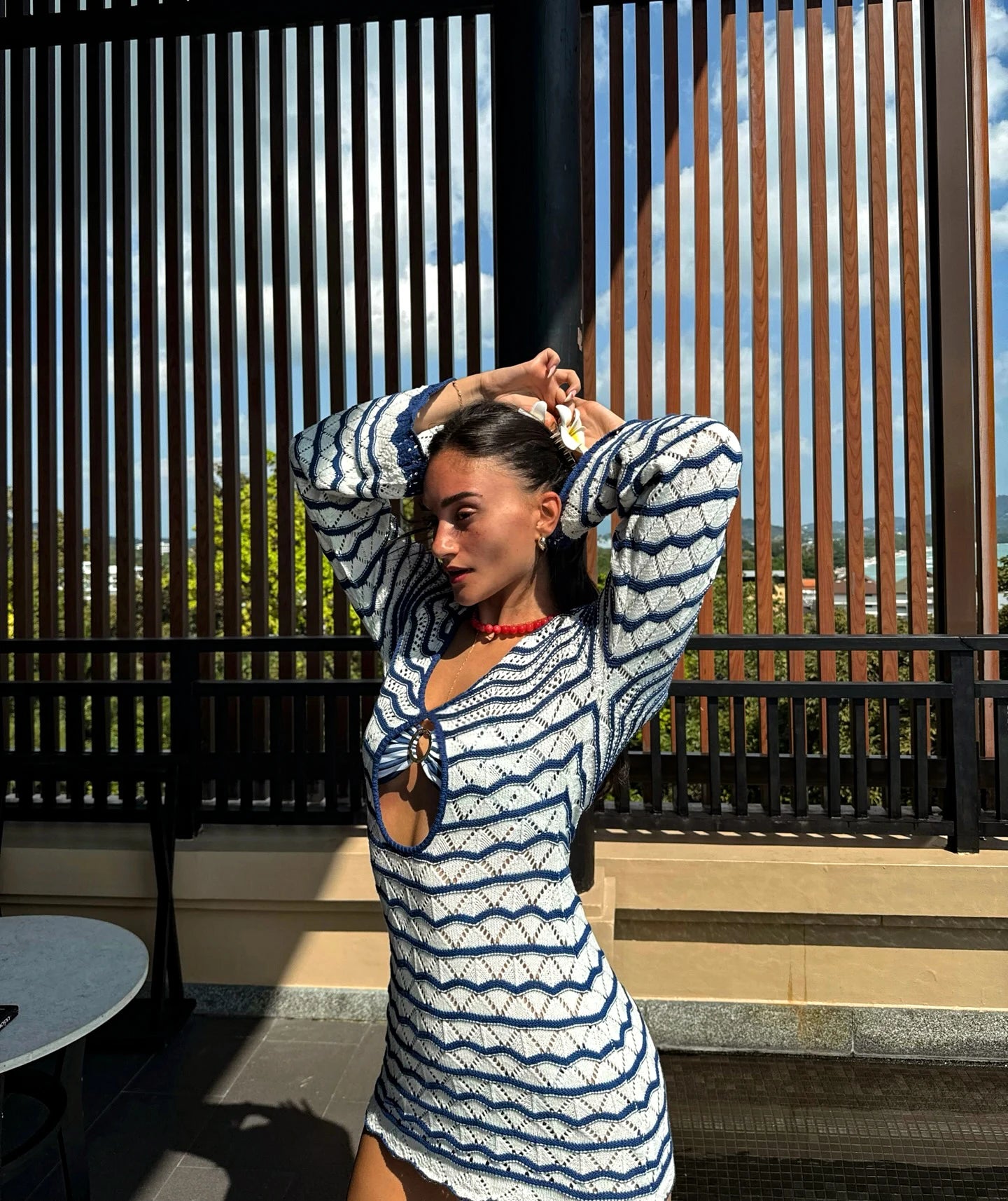Sexy Boho Striped Chic V-neck Cut Out Bell Sleeve Knit Beach Mini Dress 2026 Summer Women Seaside Holiday Swimsuit Cover Up K123