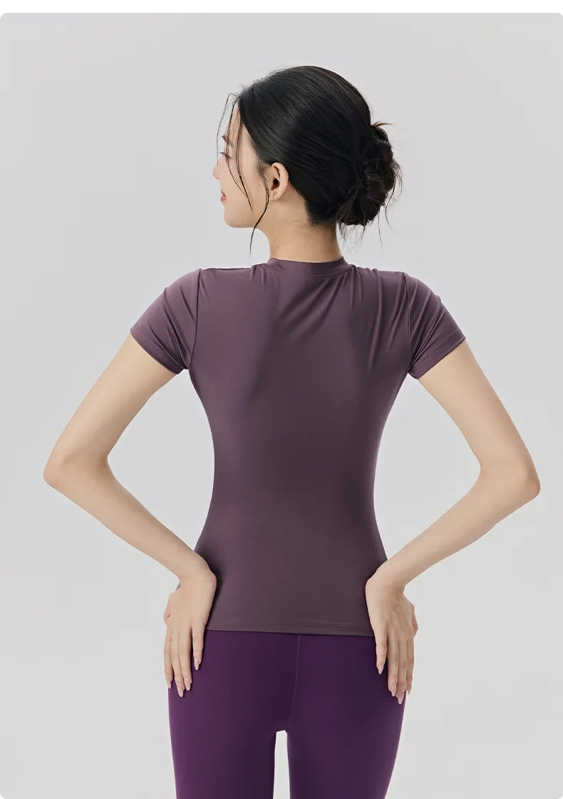 Spring and Summer Yoga Wear Short-sleeved Nude Tight-fitting Fitness Wear for Women Outdoor Running Training Sports T-shirt