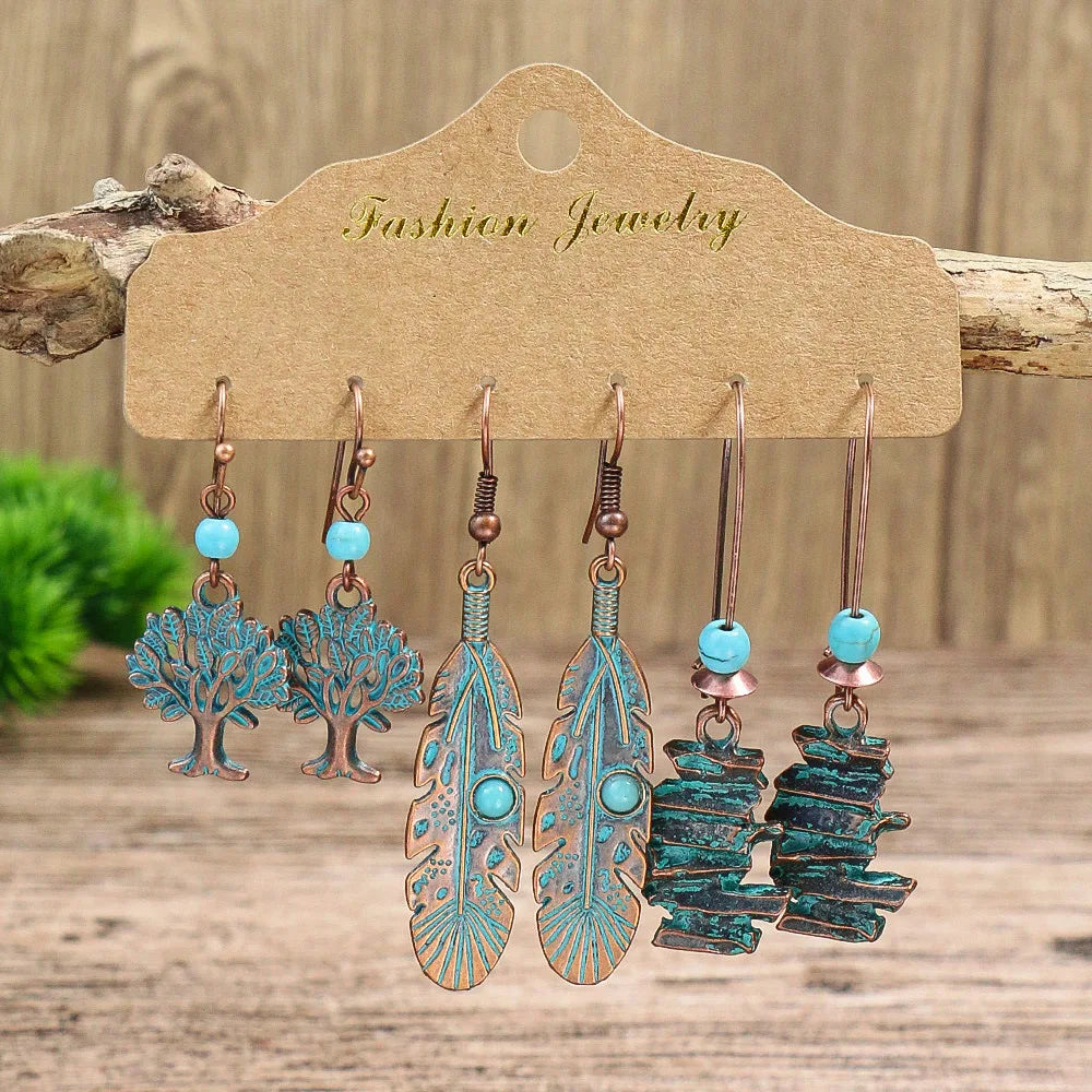 Boho 3Pcs/set Ethnic Leaf Bronze Earrings Set Vintage Hanging Earrings for Women Gypsy Statement Jewelry Accessories Pendientes