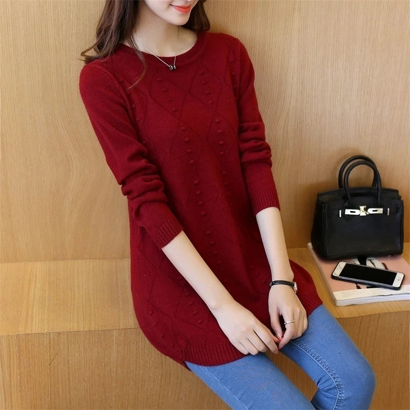 Knitted Jumper Autumn Winter Tops O-neck Long Sleeve Pullovers Casual Warm Women's Sweaters Midi Long Slim Sweater Girls Main image