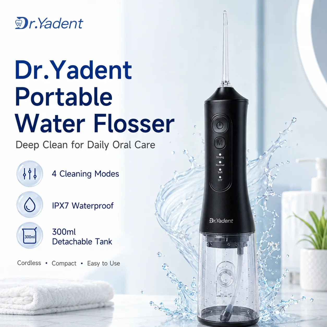 Dr.Yadent YD06 Cordless Oral Irrigator WaterFlosser 300ML Portable Water Jet USB-C Fast Charge 7 Nozzles 4 Modes IPX7 Waterproof