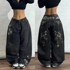 Y2K Black Washed Embroidered High-waisted Oversized Jeans Men European and American Retro Classic Loose Wide-leg Straight Pants