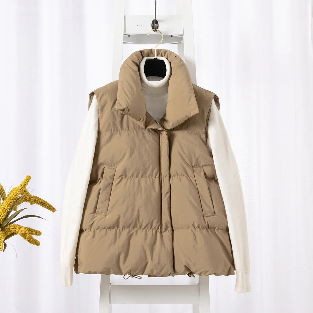 Women Fashion Autumn New 2024 Stand Collar Elegant Down Coats Warm Outerwear Casual Belt Sleeveless Winter Women Vests Jackets