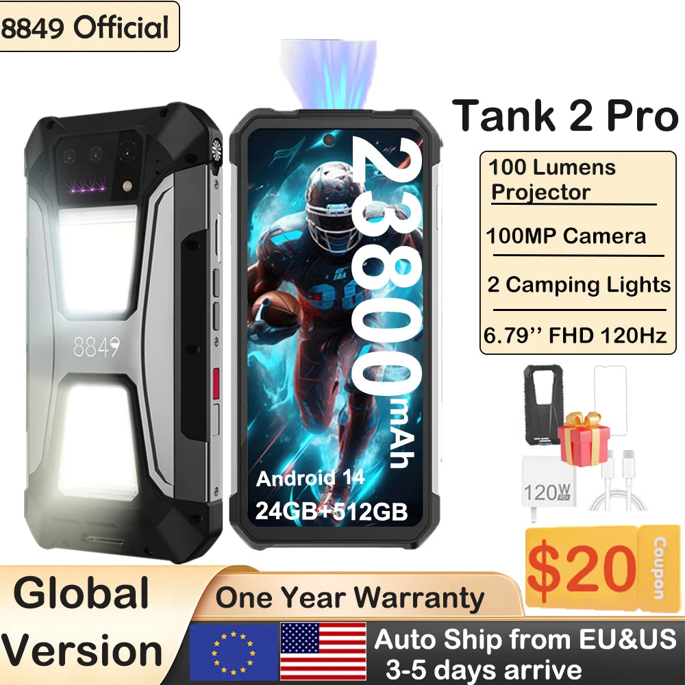 8849 Tank 2 PRO Projector Rugged Smartphone Android 2.4K 24GB 512GB 100MP Camera 23800mAh 120W Dual Sim OTG Phone Main image
