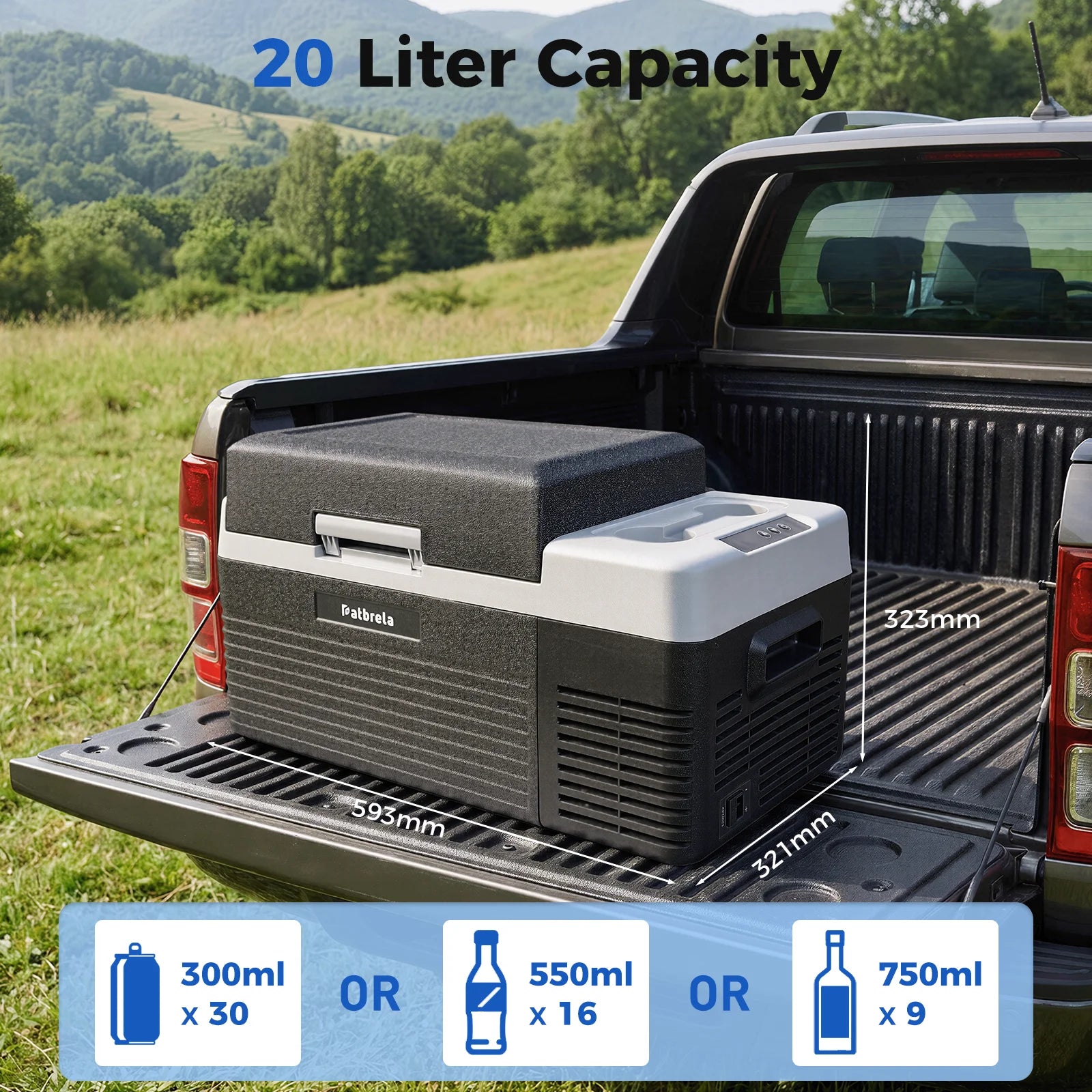 Patbrela 20L Car Refrigerator 12V Compressor Fridge 12/24V DC 100-240V AC Portable Compressor Cooler Box for Camping Travel with APP Camping Fridge