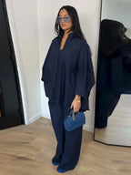 Women Solid Lapel Full Sleeves Pant Suits Chic Single Breasted Wide-leg Long Pants Sets 2026 Lady  Casual Daily Loose Fit Outfit