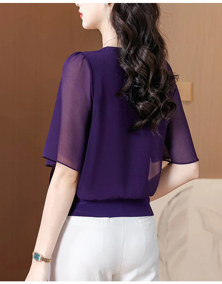 Summer Clothing Half Sleeve Chiffon Blouse 2025 New Fashion Loose Women Tops Solid Color Casual Pullovers Shirt