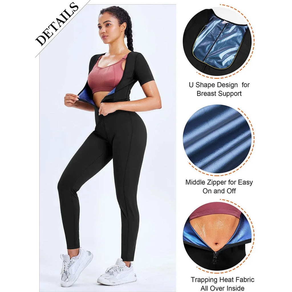 Full-body sauna suit women's short-sleeved jumpsuit waist trainer with zipper abdominal fat exercise suit