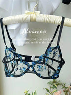 YUQI French Luxury Lingerie Set - Sexy Floral Embroidery Black Bra & Panty Set, Sheer Transparent Seductive Women's Intimates
