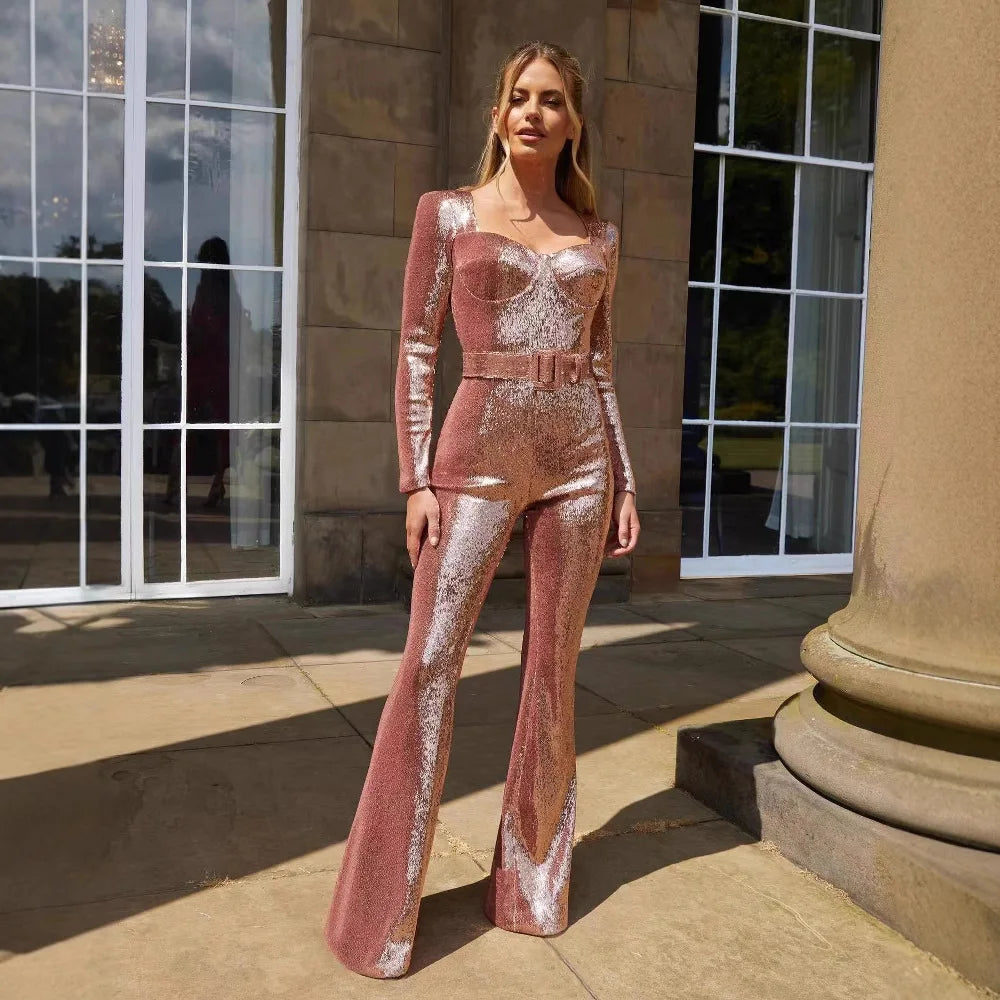 Jumpsuits Women Sequin One Piece Floor Length Pant Overalls Full Sleeve Bodycon Party Night Rompers Splice High Waist Belt Secondary image