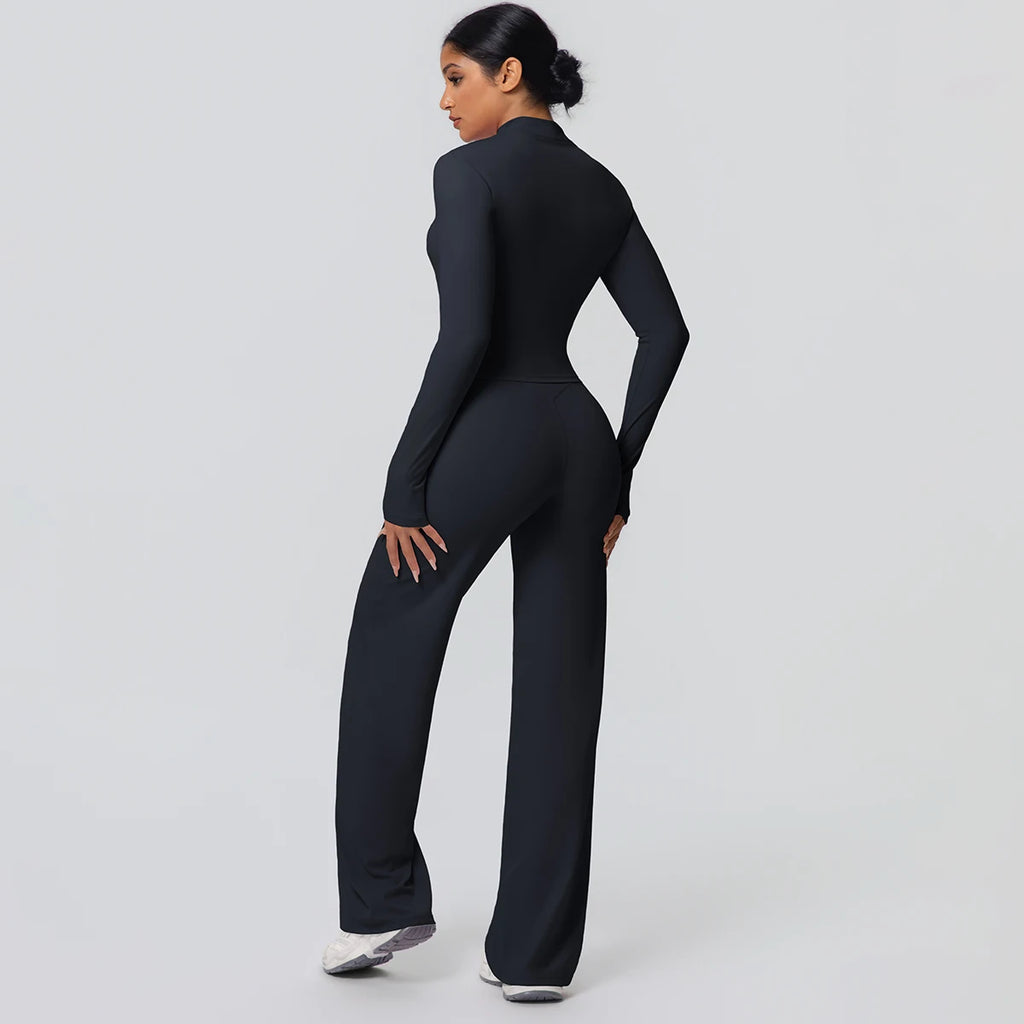 2pieces Quick Drying Sports Fitness Clothing Yoga Set Women Yoga Zipper Long Dleeves High Waisted Breathable Wide Leg Pants Set