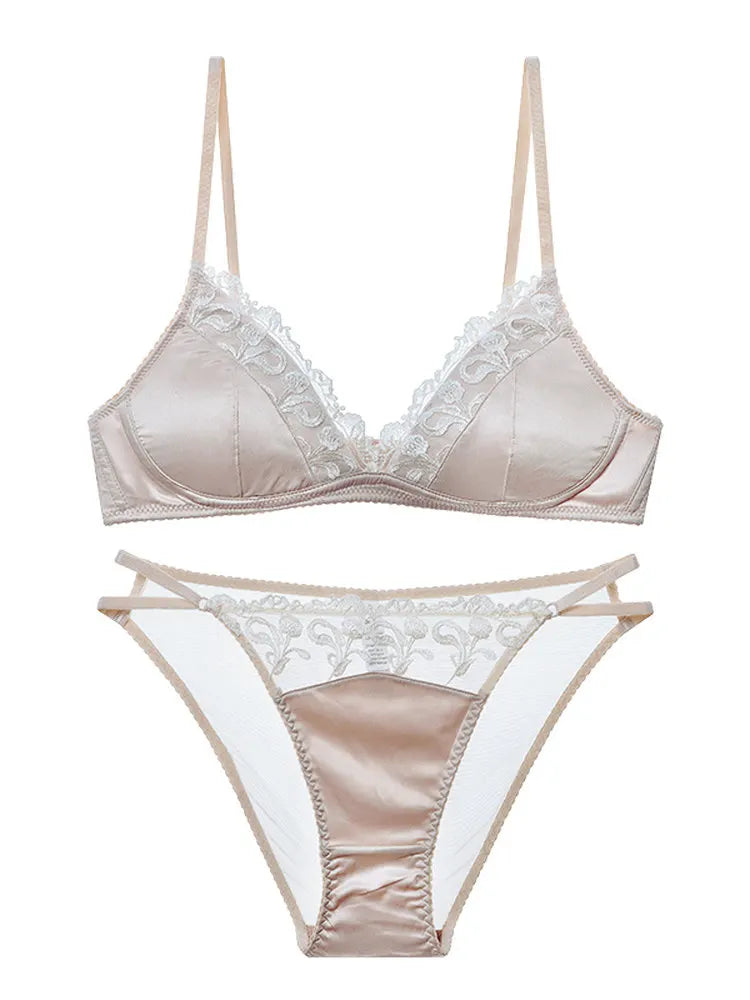 French Style Lingerie Set for Women, Thin Non-Wired Triangle Cup Bra, Lace & Embroidery Design Main image