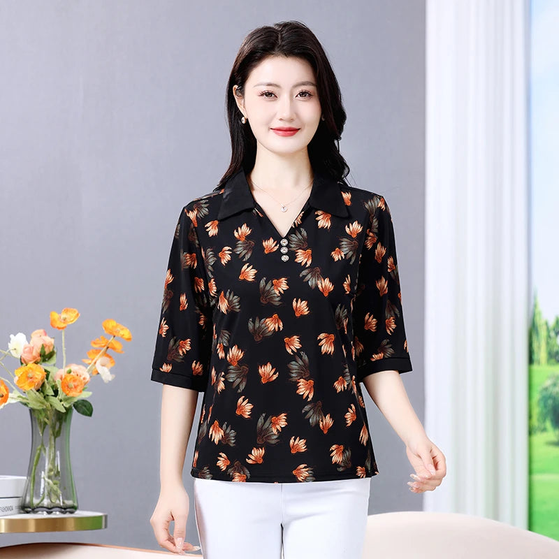 Summer half sleeve Shirt Fashion Commute All-match Ice Silk Printed Button Loose Women's Blouses Top