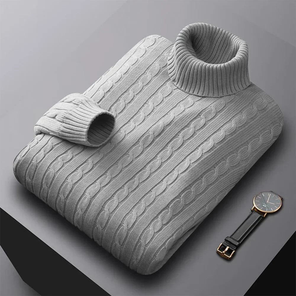Autumn New Men's Turtleneck Jacquard Sweater Solid Color Knitted Pullover Casual Warmth High Elastic Versatile Male Sweatwear