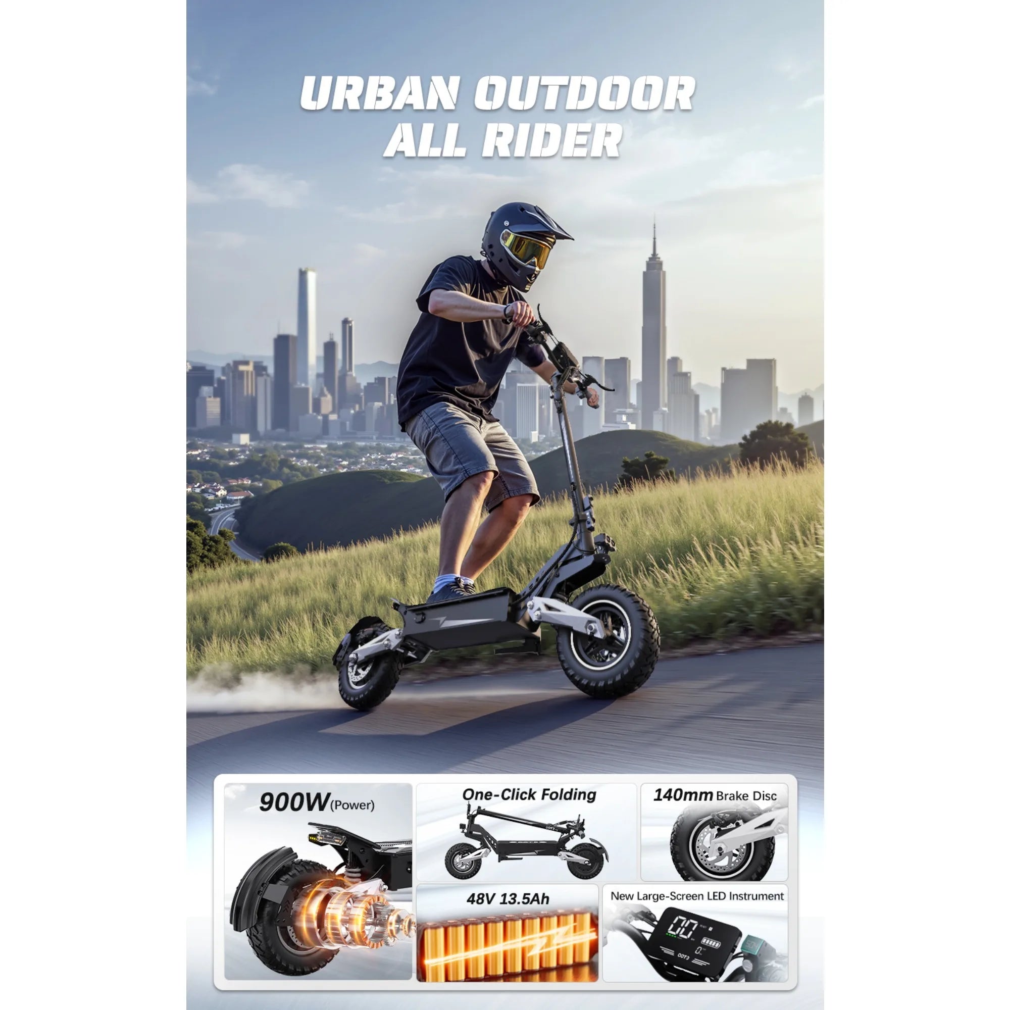 T10 Portable E-Scooter 900W Peak Power 48V 13.5/18 Ah Battery Electric Scooter for Adults 11inch Off-road Tire Scooters Electric