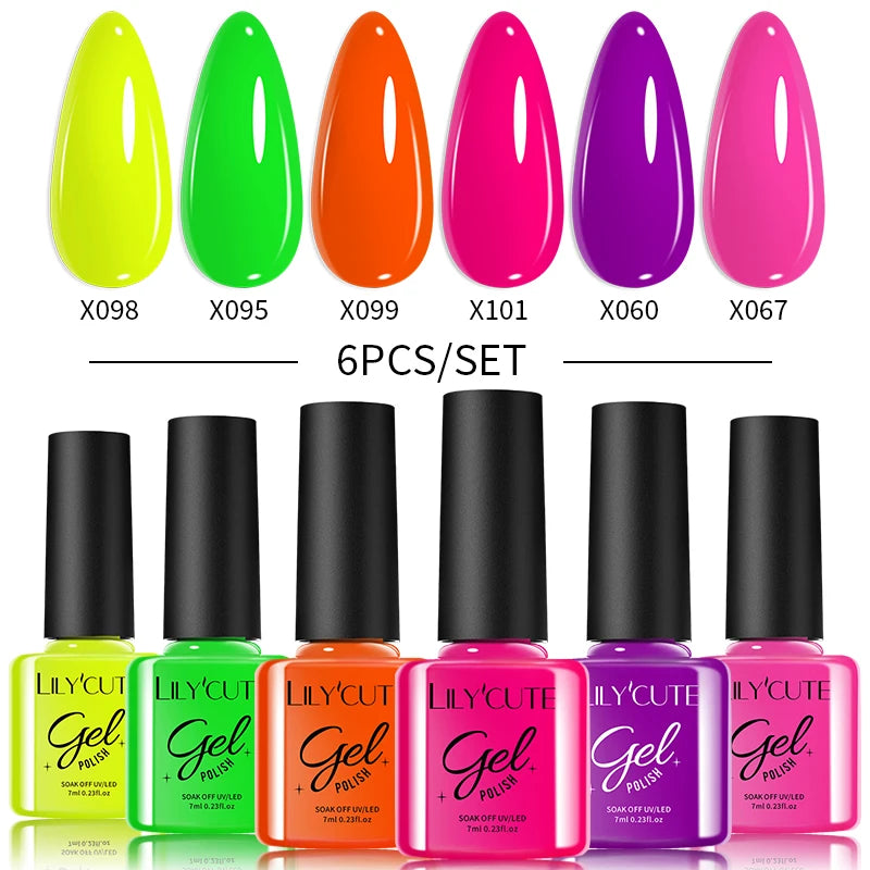 LILYCUTE 6PCS Gel Nail Polish Set Summer Neon Nail Gel Kits For DIY Nail Vernis Semi Permanent UV Lamp Gellak Nail Varnish Set