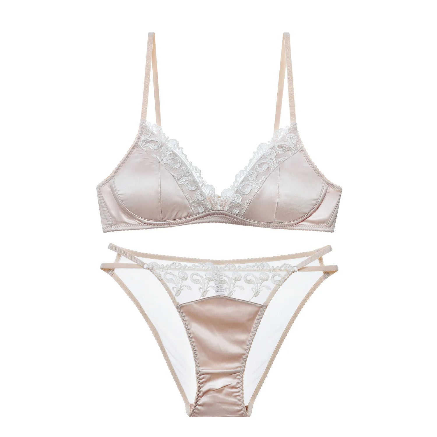 French Style Lingerie Set for Women, Thin Non-Wired Triangle Cup Bra, Lace & Embroidery Design