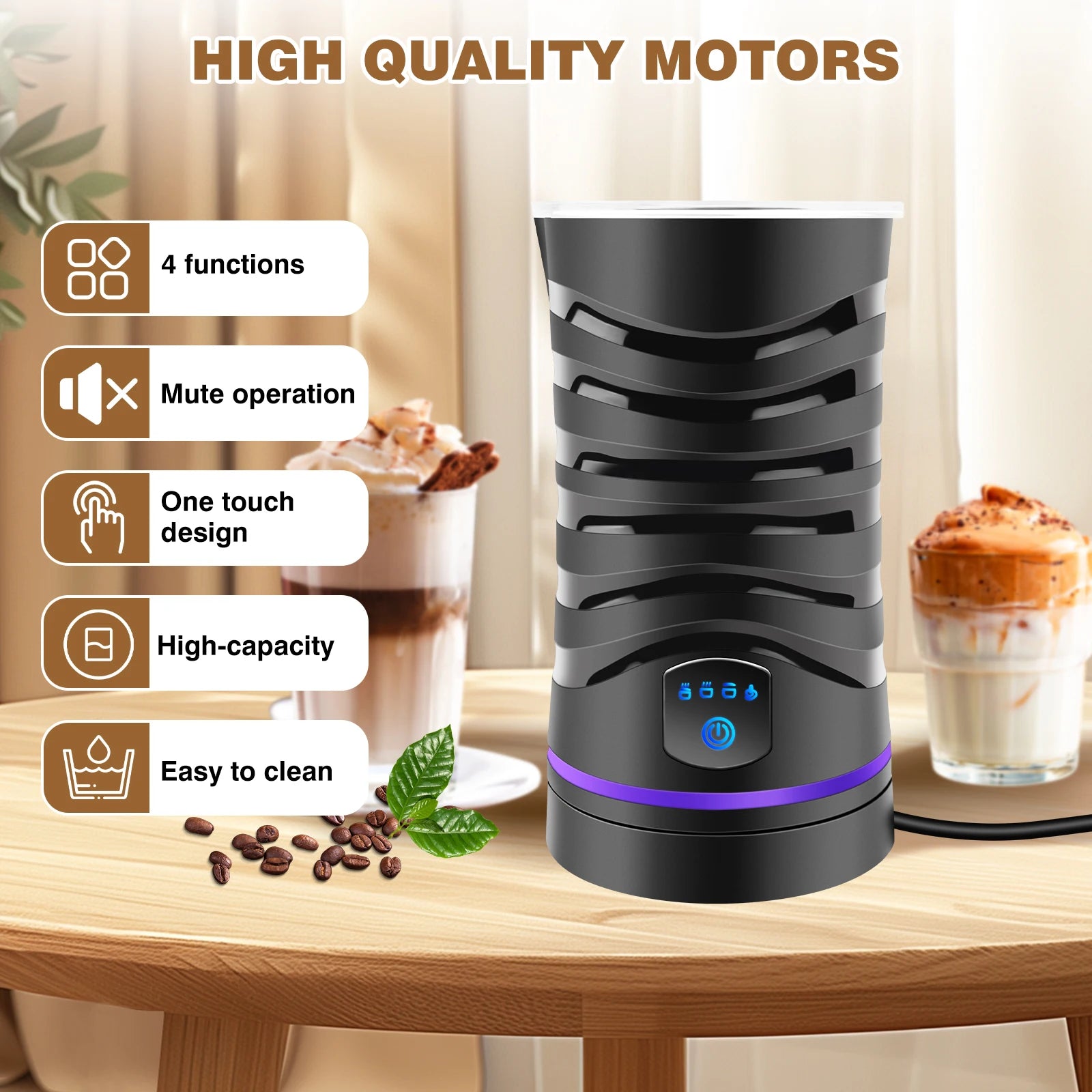 4 in 1 Automatic Milk Frother Electric, 600ml Capacity Hot & Cold Milk Foamer, Silent Operation for Coffee Cappuccino Chocolatte