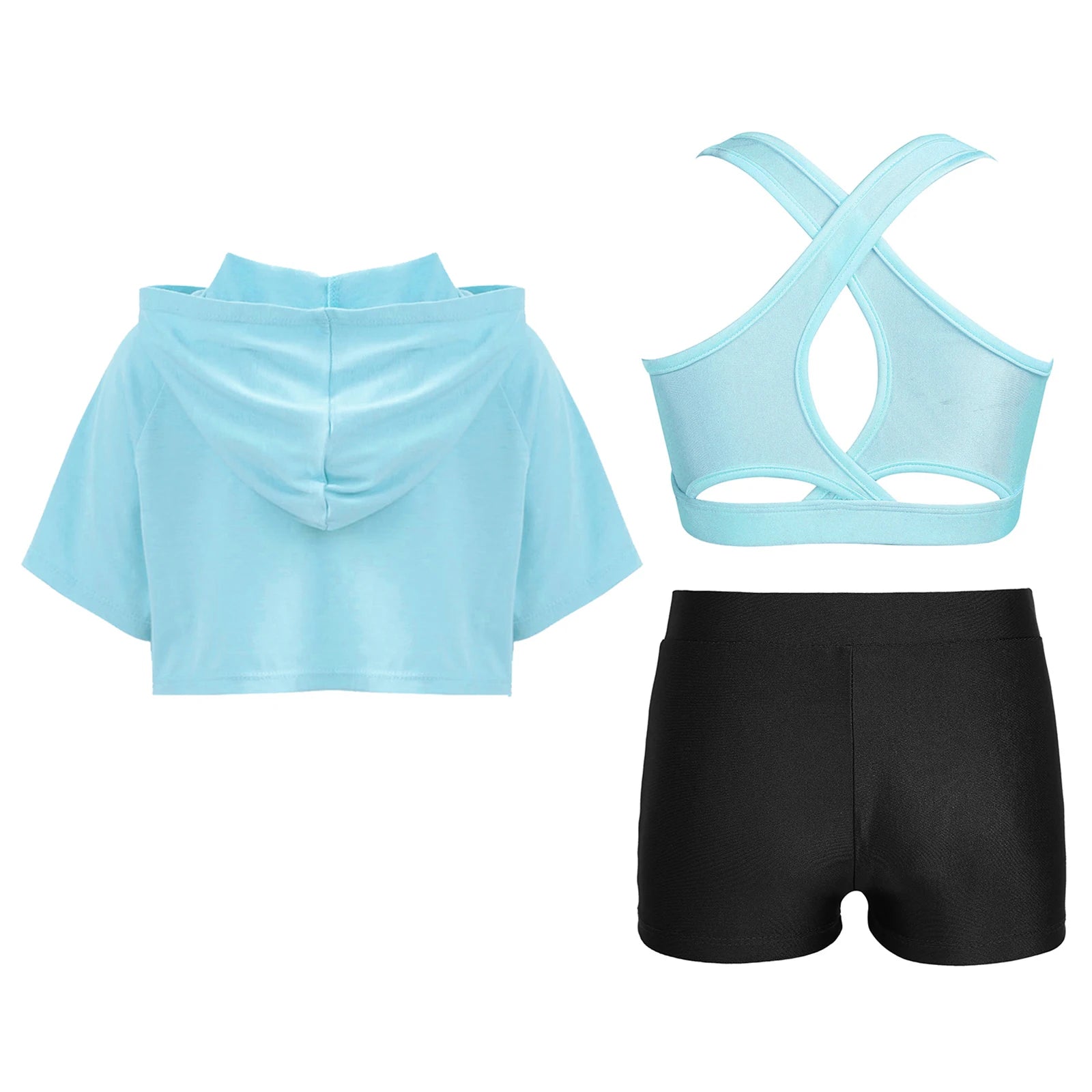 3Pcs Girls Sports Set Vest+Hooded Crop Top+Shorts Sportswear Set for Child Dance Yoga Running Cycling Workout Costume Activewear