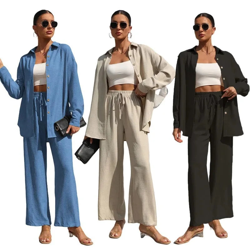 Plus Size Casual Loose Two-Piece Set Wide Leg Pants Long Sleeve Shirt Light Beige Street Style Elegant Quality Polyester Summ... Secondary image