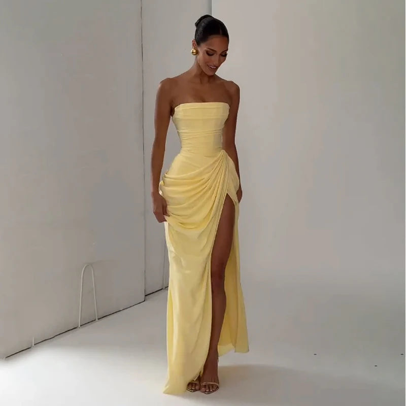 Women Solid Pleated Sexy Strapless Dress Lady Chic Off-shoulder Backless High Waist Split Dresses 2026 New Evening Party Gown