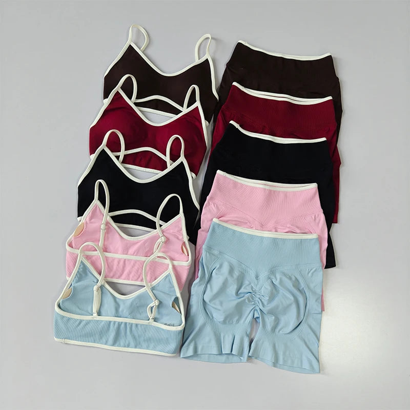 2PCS Yoga Suit Seamless with Chest Pad Tight Sports Bras and High Waist Shorts Outside Wear Running Exercise Fitness Yoga Set Main image