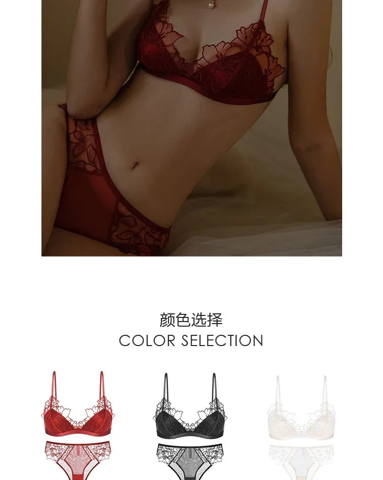 BANERDANNI Pure Desire Victoria French Lace Embroidered Lingerie Women's Thin Cup Triangle Cup Bra Set Comfortable No Underwire